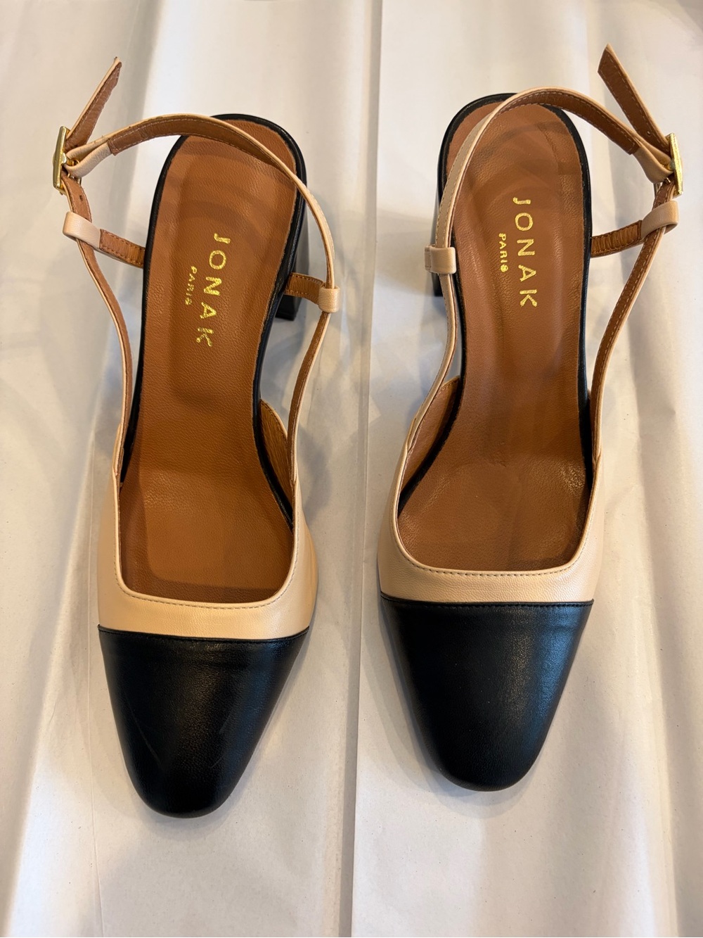 Jonak Paris Two-Tone Black and Beige Slingback Heels